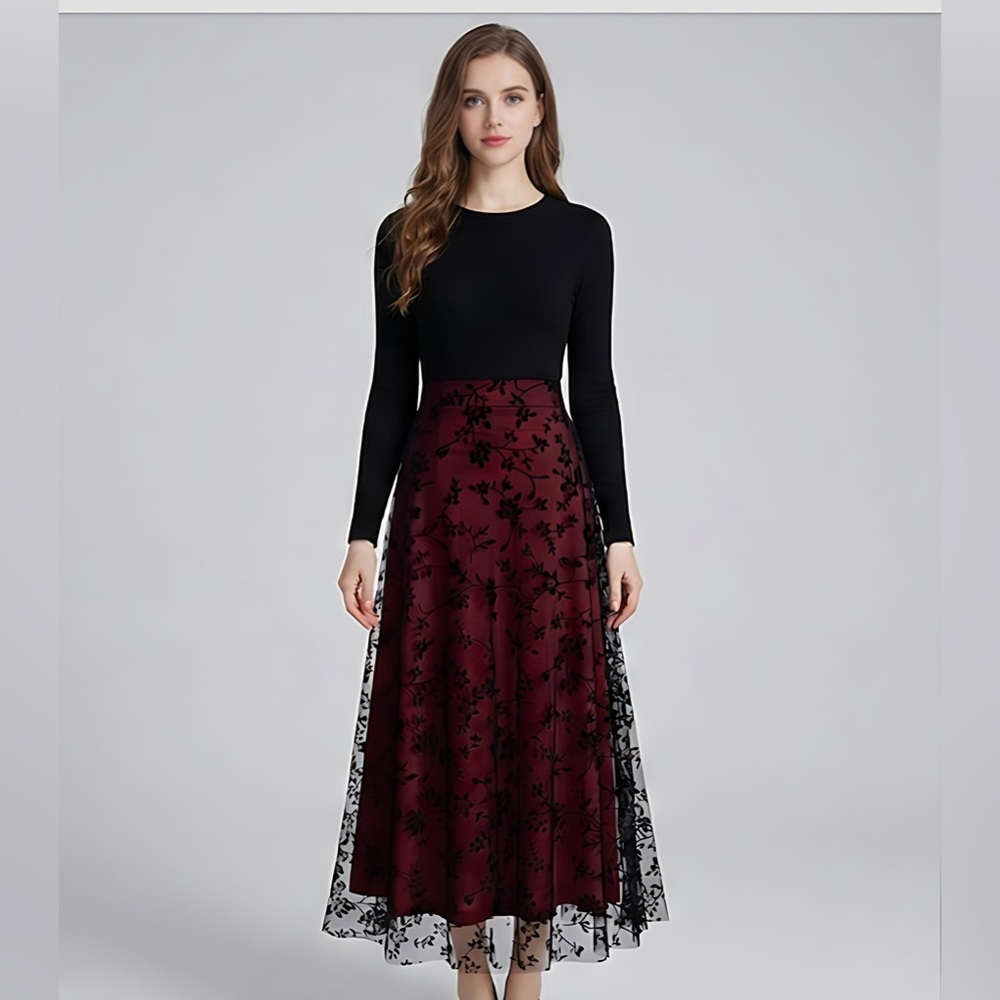 Floral Flocking Tulle Long A-Line Skirt Red - Picture 3 of 12
